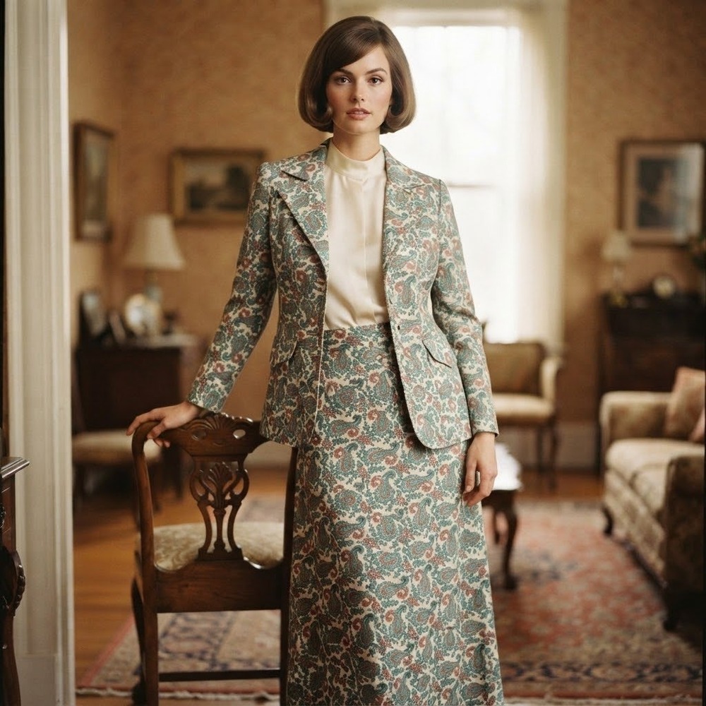 Vintage 70s Rhodes California Paisley Blazer & Maxi Skirt 2 Piece Set Teal Red S